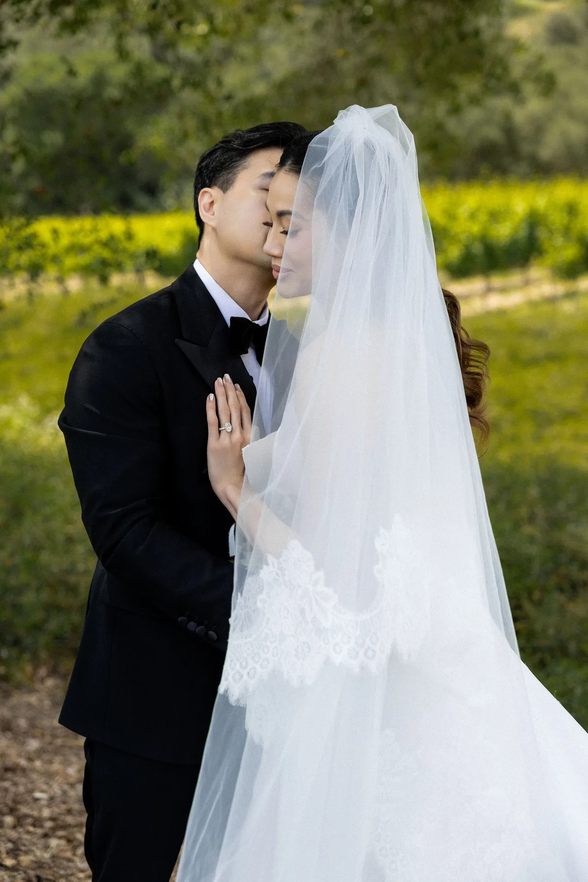 The groom kissing the bride through her veil, vines on the hillside behind